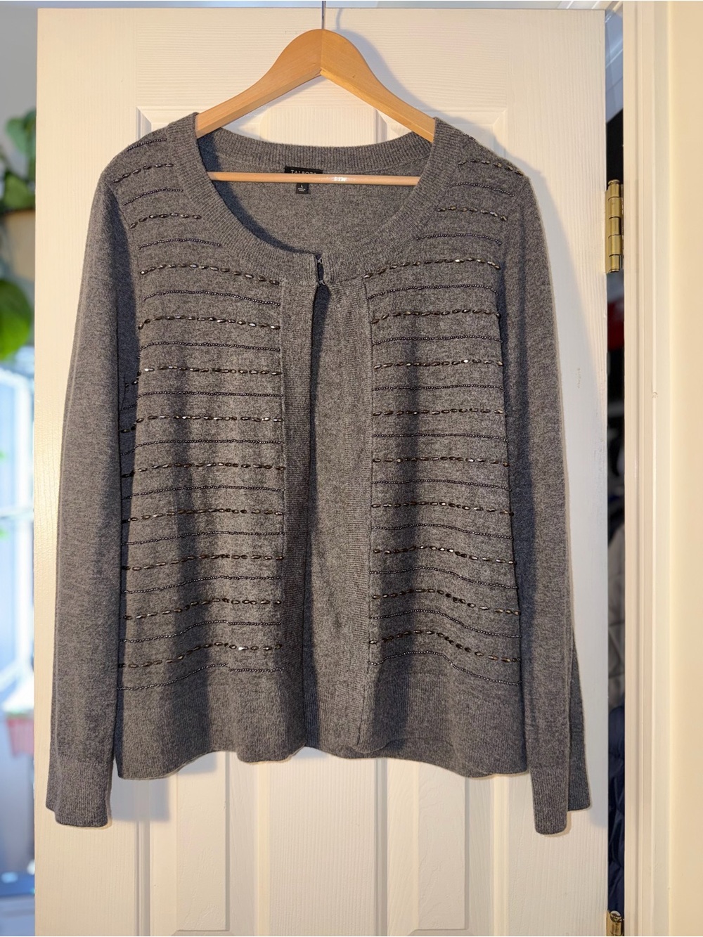 Talbots Gray Beaded Lambswool Blend Cardigan Sweater Size L Embellished